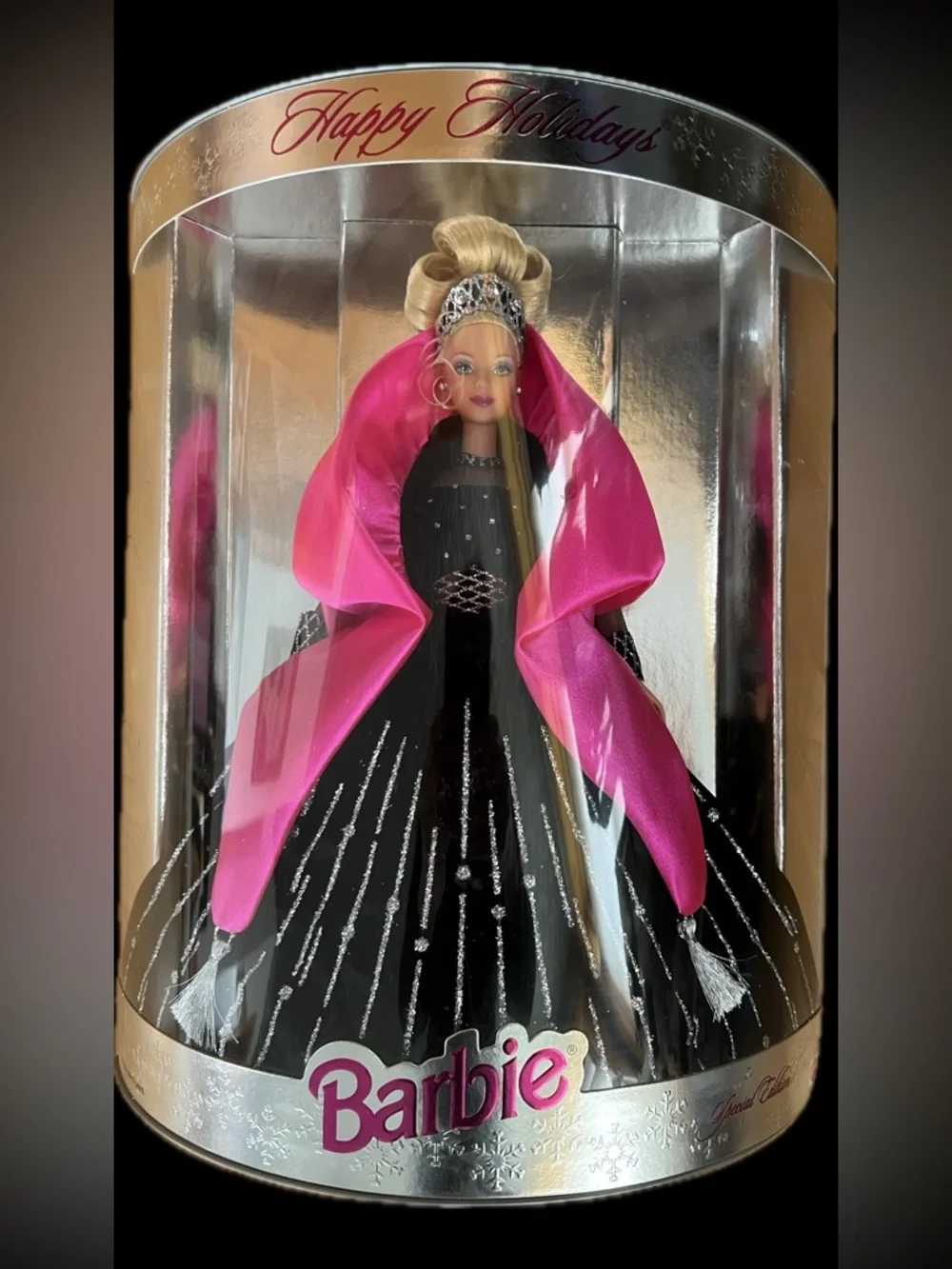 💃1998 Happy Holidays Special Edition Barbie Doll by Mattel Black & Hot Pink - Picture 1 of 17